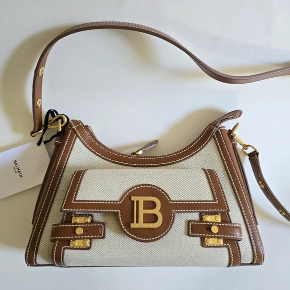 Balmain  B-Buzz Canvas & Leather Shoulder Bag Natural / Camel - Picture 6 of 14